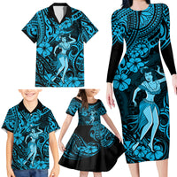 Hawaii Hula Girl Family Matching Long Sleeve Bodycon Dress and Hawaiian Shirt Hibiscus Hawaii Tribal Tattoo Sky Blue Version - Wonder Print Shop