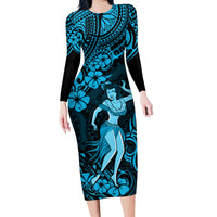 Hawaii Hula Girl Family Matching Long Sleeve Bodycon Dress and Hawaiian Shirt Hibiscus Hawaii Tribal Tattoo Sky Blue Version - Wonder Print Shop