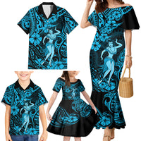 Hawaii Hula Girl Family Matching Mermaid Dress and Hawaiian Shirt Hibiscus Hawaii Tribal Tattoo Sky Blue Version - Wonder Print Shop