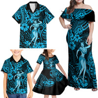 Hawaii Hula Girl Family Matching Off Shoulder Maxi Dress and Hawaiian Shirt Hibiscus Hawaii Tribal Tattoo Sky Blue Version - Wonder Print Shop