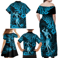 Hawaii Hula Girl Family Matching Off Shoulder Maxi Dress and Hawaiian Shirt Hibiscus Hawaii Tribal Tattoo Sky Blue Version - Wonder Print Shop