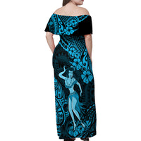 Hawaii Hula Girl Family Matching Off Shoulder Maxi Dress and Hawaiian Shirt Hibiscus Hawaii Tribal Tattoo Sky Blue Version - Wonder Print Shop