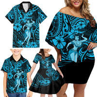 Hawaii Hula Girl Family Matching Off Shoulder Short Dress and Hawaiian Shirt Hibiscus Hawaii Tribal Tattoo Sky Blue Version - Wonder Print Shop