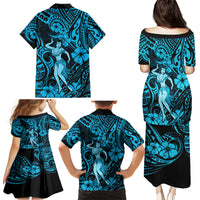 Hawaii Hula Girl Family Matching Puletasi Dress and Hawaiian Shirt Hibiscus Hawaii Tribal Tattoo Sky Blue Version - Wonder Print Shop