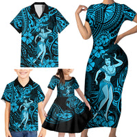 Hawaii Hula Girl Family Matching Short Sleeve Bodycon Dress and Hawaiian Shirt Hibiscus Hawaii Tribal Tattoo Sky Blue Version - Wonder Print Shop