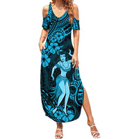 Hawaii Hula Girl Family Matching Summer Maxi Dress and Hawaiian Shirt Hibiscus Hawaii Tribal Tattoo Sky Blue Version - Wonder Print Shop