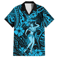 Blue Hawaiian shirt with black collar, hula girl and hibiscus print, button front