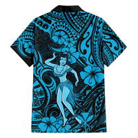 Blue Hawaiian shirt, black collar, back print with hula girl and tribal swirl graphics