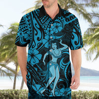 Blue Hawaiian shirt with black collar and hula girl hibiscus print, short-sleeve button-up