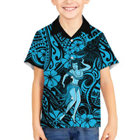 Kids blue Hawaiian shirt with black collar and hula girl hibiscus print, button front