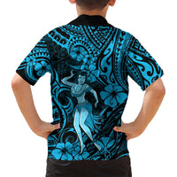 Kids blue Hawaiian shirt with black collar, back print of hula girl and tribal hibiscus