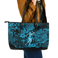 Hawaii Hula Girl Leather Tote Bag Hibiscus Hawaii Tribal Tattoo Sky Blue Version - Wonder Print Shop