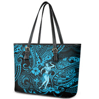 Hawaii Hula Girl Leather Tote Bag Hibiscus Hawaii Tribal Tattoo Sky Blue Version - Wonder Print Shop