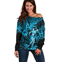 Hawaii Hula Girl Off Shoulder Sweater Hibiscus Hawaii Tribal Tattoo Sky Blue Version - Wonder Print Shop
