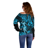 Hawaii Hula Girl Off Shoulder Sweater Hibiscus Hawaii Tribal Tattoo Sky Blue Version - Wonder Print Shop