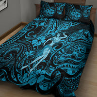 Hawaii Hula Girl Quilt Bed Set Hibiscus Hawaii Tribal Tattoo Sky Blue Version - Wonder Print Shop