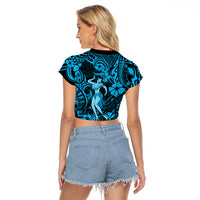 Hawaii Hula Girl Raglan Cropped T Shirt Hibiscus Hawaii Tribal Tattoo Sky Blue Version - Wonder Print Shop