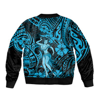 Hawaii Hula Girl Sleeve Zip Bomber Jacket Hibiscus Hawaii Tribal Tattoo Sky Blue Version - Wonder Print Shop