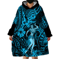 Hawaii Hula Girl Wearable Blanket Hoodie Hibiscus Hawaii Tribal Tattoo Sky Blue Version - Wonder Print Shop