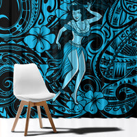 Hawaii Hula Girl Window Curtain Hibiscus Hawaii Tribal Tattoo Sky Blue Version - Wonder Print Shop