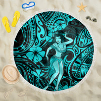 Hawaii Hula Girl Beach Blanket Hibiscus Hawaii Tribal Tattoo Turquoise Version - Wonder Print Shop