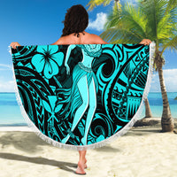 Hawaii Hula Girl Beach Blanket Hibiscus Hawaii Tribal Tattoo Turquoise Version - Wonder Print Shop