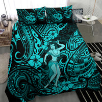 Hawaii Hula Girl Bedding Set Hibiscus Hawaii Tribal Tattoo Turquoise Version - Wonder Print Shop