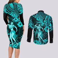 Hawaii Hula Girl Couples Matching Long Sleeve Bodycon Dress and Long Sleeve Button Shirts Hibiscus Hawaii Tribal Tattoo Turquoise Version - Wonder Print Shop