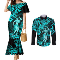 hawaii-hula-girl-couples-matching-mermaid-dress-and-long-sleeve-button-shirts-hibiscus-hawaii-tribal-tattoo-turquoise-version
