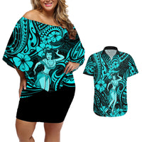 Hawaii Hula Girl Couples Matching Off Shoulder Short Dress and Hawaiian Shirt Hibiscus Hawaii Tribal Tattoo Turquoise Version - Wonder Print Shop