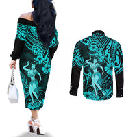 hawaii-hula-girl-couples-matching-off-the-shoulder-long-sleeve-dress-and-long-sleeve-button-shirts-hibiscus-hawaii-tribal-tattoo-turquoise-version