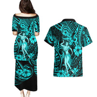Hawaii Hula Girl Couples Matching Puletasi Dress and Hawaiian Shirt Hibiscus Hawaii Tribal Tattoo Turquoise Version - Wonder Print Shop
