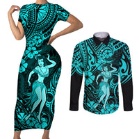 Hawaii Hula Girl Couples Matching Short Sleeve Bodycon Dress and Long Sleeve Button Shirts Hibiscus Hawaii Tribal Tattoo Turquoise Version - Wonder Print Shop