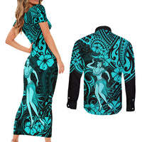 Hawaii Hula Girl Couples Matching Short Sleeve Bodycon Dress and Long Sleeve Button Shirts Hibiscus Hawaii Tribal Tattoo Turquoise Version - Wonder Print Shop