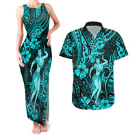Hawaii Hula Girl Couples Matching Tank Maxi Dress and Hawaiian Shirt Hibiscus Hawaii Tribal Tattoo Turquoise Version - Wonder Print Shop