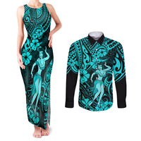 Hawaii Hula Girl Couples Matching Tank Maxi Dress and Long Sleeve Button Shirts Hibiscus Hawaii Tribal Tattoo Turquoise Version - Wonder Print Shop