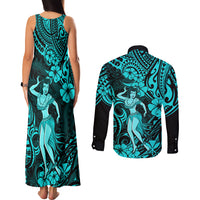 Hawaii Hula Girl Couples Matching Tank Maxi Dress and Long Sleeve Button Shirts Hibiscus Hawaii Tribal Tattoo Turquoise Version - Wonder Print Shop