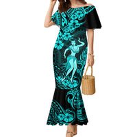 Hawaii Hula Girl Family Matching Mermaid Dress and Hawaiian Shirt Hibiscus Hawaii Tribal Tattoo Turquoise Version - Wonder Print Shop