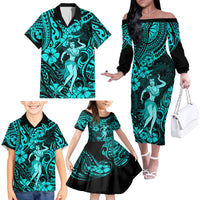 Hawaii Hula Girl Family Matching Off Shoulder Long Sleeve Dress and Hawaiian Shirt Hibiscus Hawaii Tribal Tattoo Turquoise Version - Wonder Print Shop