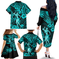 Hawaii Hula Girl Family Matching Off Shoulder Long Sleeve Dress and Hawaiian Shirt Hibiscus Hawaii Tribal Tattoo Turquoise Version - Wonder Print Shop