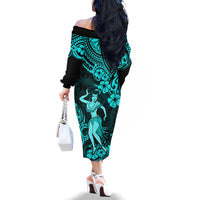 Hawaii Hula Girl Family Matching Off Shoulder Long Sleeve Dress and Hawaiian Shirt Hibiscus Hawaii Tribal Tattoo Turquoise Version - Wonder Print Shop
