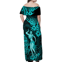 Hawaii Hula Girl Family Matching Off Shoulder Maxi Dress and Hawaiian Shirt Hibiscus Hawaii Tribal Tattoo Turquoise Version - Wonder Print Shop