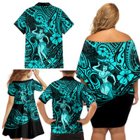 Hawaii Hula Girl Family Matching Off Shoulder Short Dress and Hawaiian Shirt Hibiscus Hawaii Tribal Tattoo Turquoise Version - Wonder Print Shop