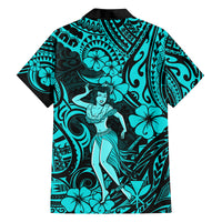 Hawaii Hula Girl Family Matching Off Shoulder Short Dress and Hawaiian Shirt Hibiscus Hawaii Tribal Tattoo Turquoise Version - Wonder Print Shop