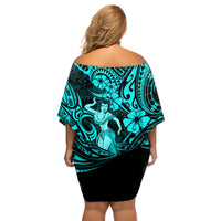Hawaii Hula Girl Family Matching Off Shoulder Short Dress and Hawaiian Shirt Hibiscus Hawaii Tribal Tattoo Turquoise Version - Wonder Print Shop