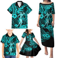 Hawaii Hula Girl Family Matching Puletasi Dress and Hawaiian Shirt Hibiscus Hawaii Tribal Tattoo Turquoise Version - Wonder Print Shop