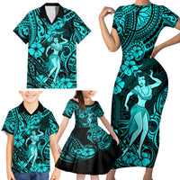 Hawaii Hula Girl Family Matching Short Sleeve Bodycon Dress and Hawaiian Shirt Hibiscus Hawaii Tribal Tattoo Turquoise Version - Wonder Print Shop