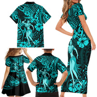 Hawaii Hula Girl Family Matching Short Sleeve Bodycon Dress and Hawaiian Shirt Hibiscus Hawaii Tribal Tattoo Turquoise Version - Wonder Print Shop