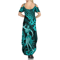 Hawaii Hula Girl Family Matching Summer Maxi Dress and Hawaiian Shirt Hibiscus Hawaii Tribal Tattoo Turquoise Version - Wonder Print Shop