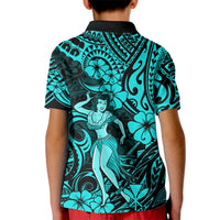 Hawaii Hula Girl Kid Polo Shirt Hibiscus Hawaii Tribal Tattoo Turquoise Version - Wonder Print Shop
